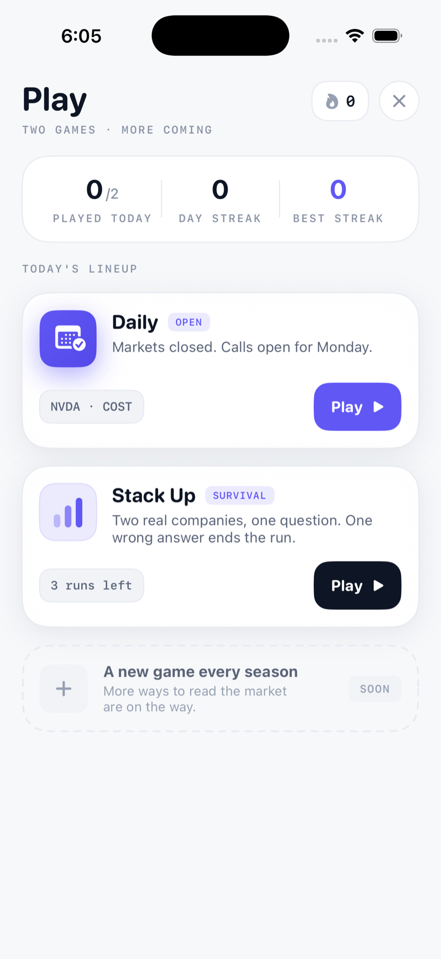The Play hub showing today's lineup: the Daily game and Stack Up, with played today and streak counters