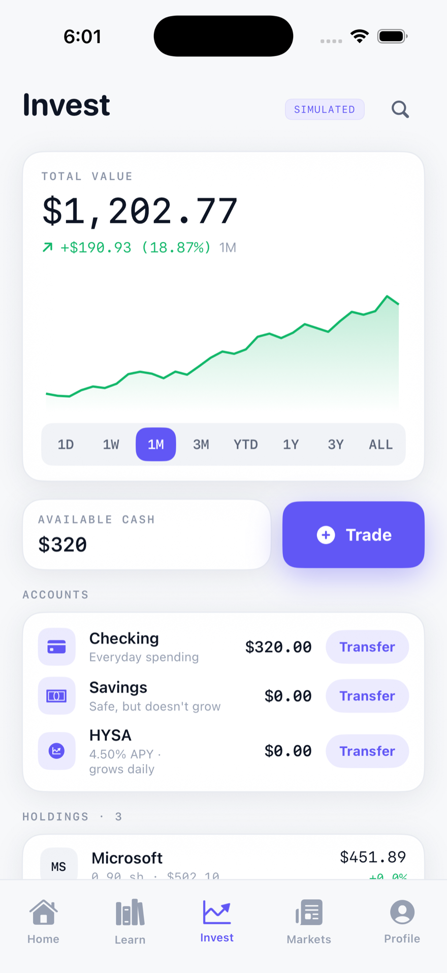 The Invest tab: a simulated portfolio worth $1,202.77, up 18.87% over one month, with a value chart, checking, savings and HYSA accounts, and a Trade button