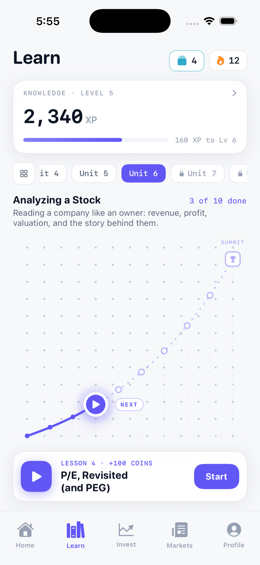 The Learn tab: Unit 6, Analyzing a Stock, shown as a rising chart with 3 of 10 lessons done and the next lesson ready to start