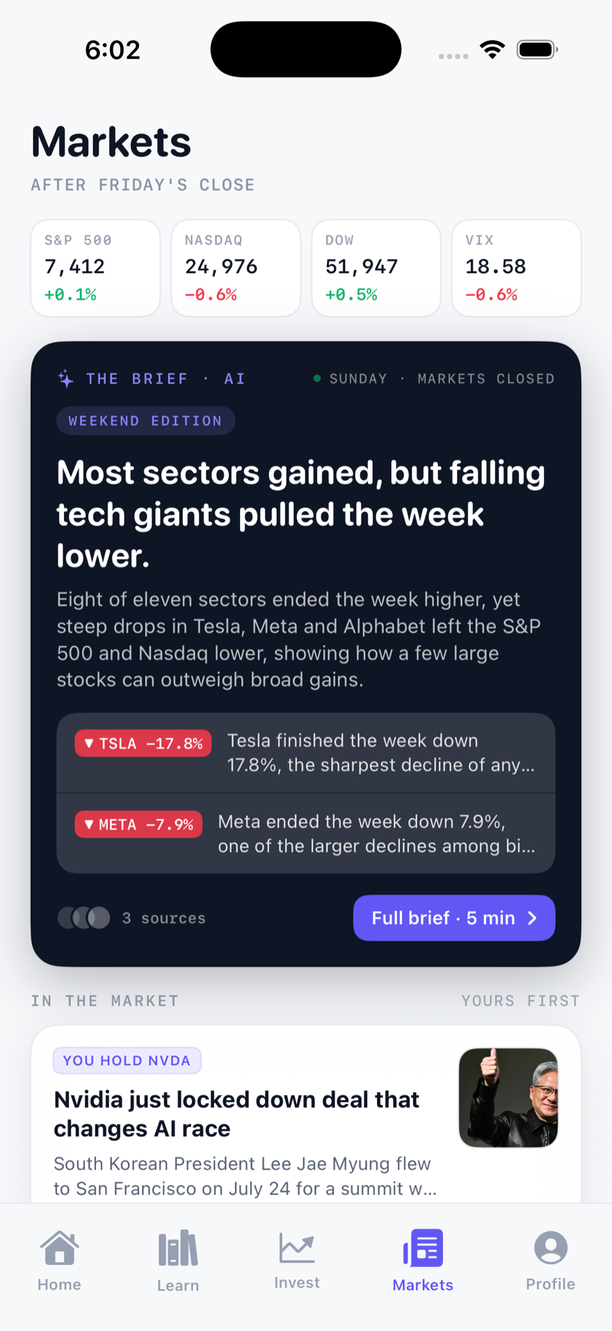 The Markets tab: index cards for the S&P 500, Nasdaq, Dow and VIX, above an AI-written daily brief explaining the week in plain English