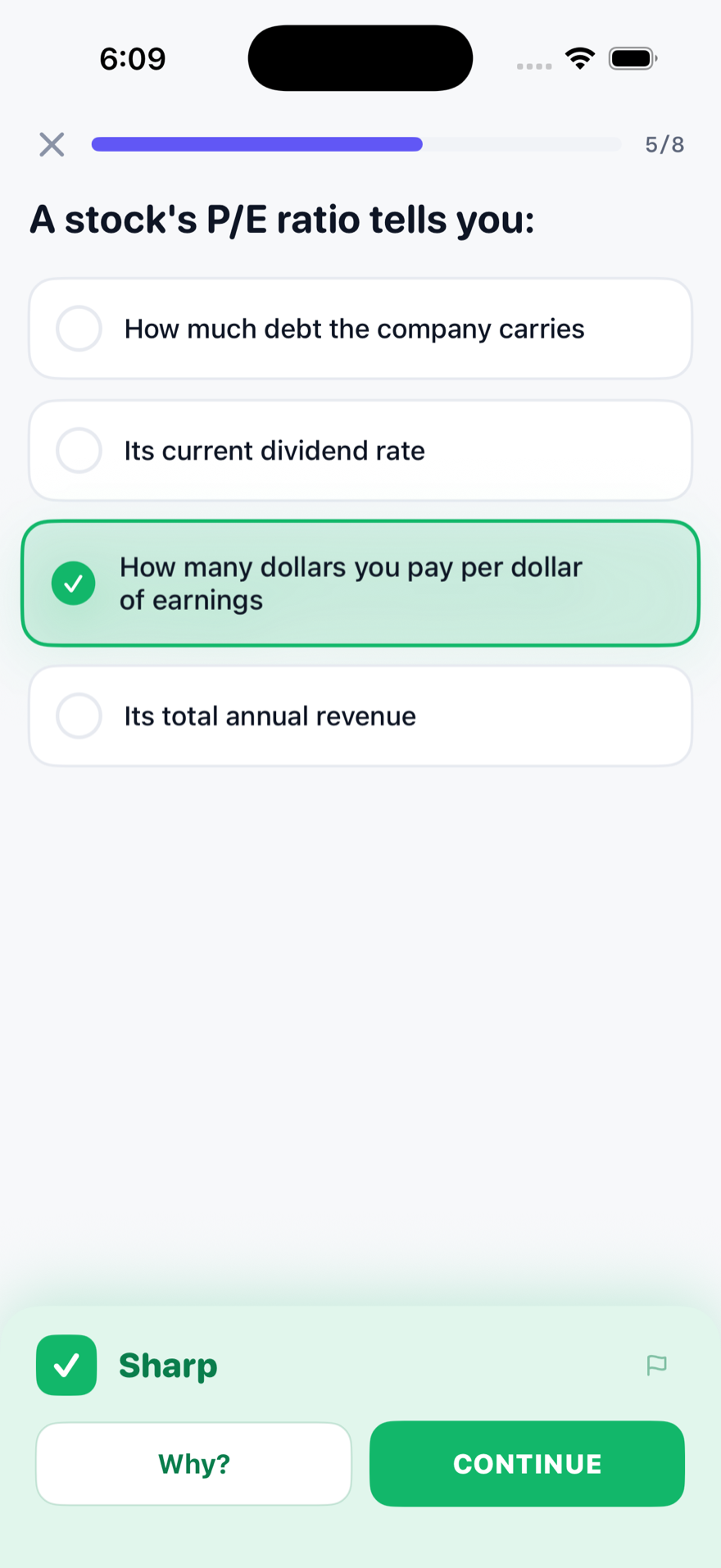 A lesson question about the P/E ratio answered correctly, highlighted in green with a Sharp banner, a Why? button, and a Continue button